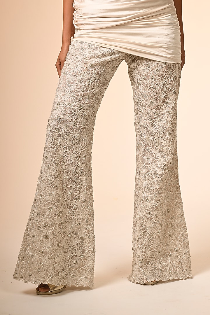Ivory Satin & Organza Floral Cutwork Pant Set by COUTURE BY NIHARIKA at Pernia's Pop Up Shop