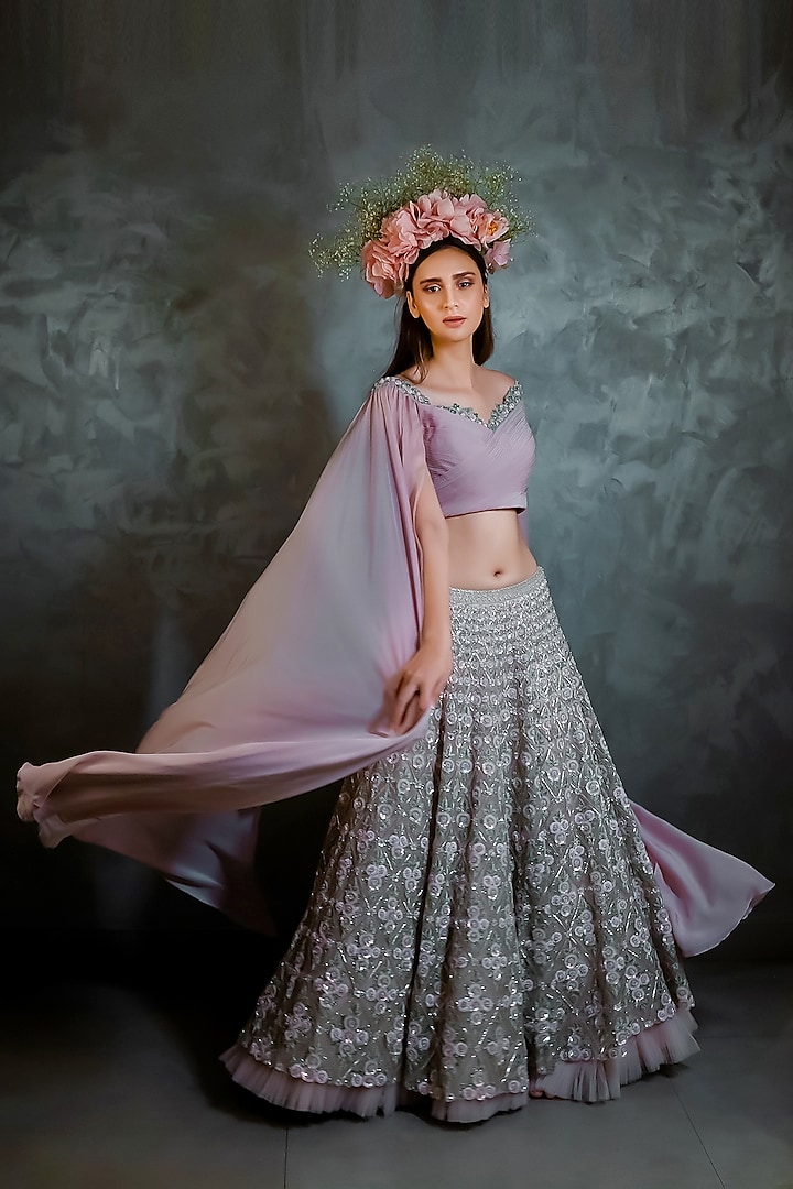 Purple & Silver Hand Embroidered Lehenga Set by COUTURE BY NIHARIKA