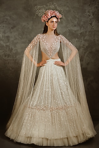Off White Embellished Frilled Lehenga Set by COUTURE BY NIHARIKA