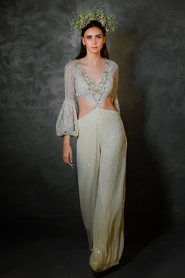 Off White Pant Set With Embroidery by COUTURE BY NIHARIKA