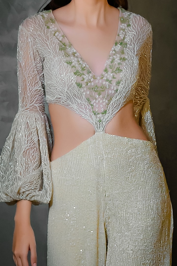 Off White Pant Set With Embroidery by COUTURE BY NIHARIKA at Pernia's Pop Up Shop