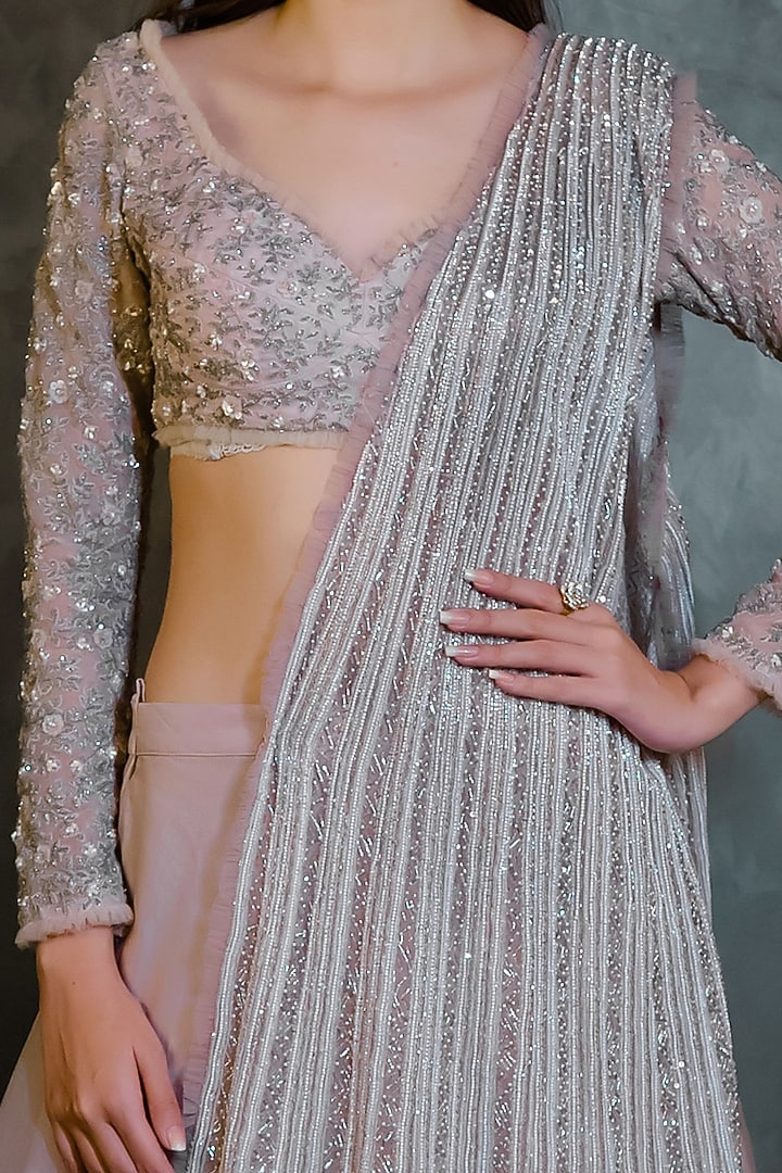 Peach Hand Embroidered Skirt Set by COUTURE BY NIHARIKA at Pernia's Pop Up Shop