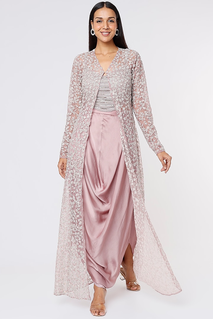 Mauve Embroidered Jacket Set by COUTURE BY NIHARIKA
