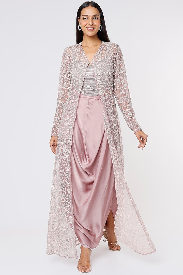 Mauve Embroidered Jacket Set by COUTURE BY NIHARIKA at Pernia's Pop Up Shop