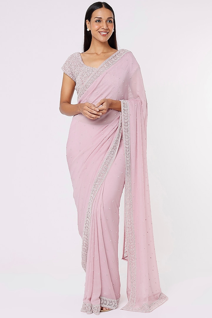 Mauve Crinkled Chiffon Embroidered Saree Set by COUTURE BY NIHARIKA