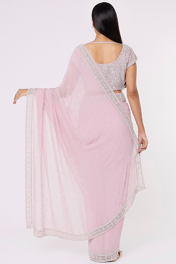 Mauve Crinkled Chiffon Embroidered Wedding Saree Set by COUTURE BY NIHARIKA at Pernia's Pop Up Shop