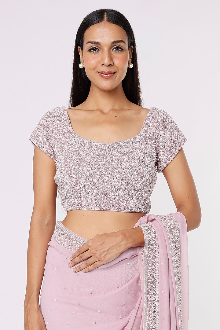 Mauve Crinkled Chiffon Embroidered Wedding Saree Set by COUTURE BY NIHARIKA at Pernia's Pop Up Shop