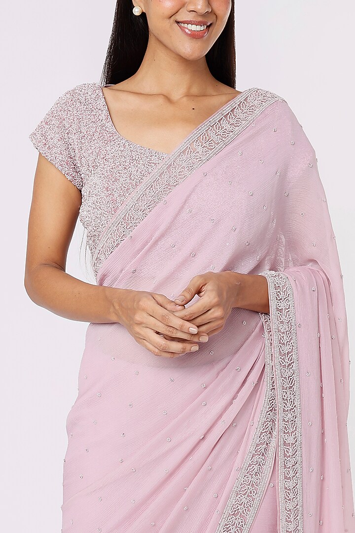 Mauve Crinkled Chiffon Embroidered Wedding Saree Set by COUTURE BY NIHARIKA at Pernia's Pop Up Shop
