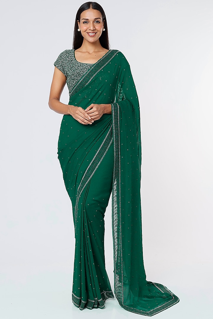 Emerald Green Embroidered Saree Set by COUTURE BY NIHARIKA