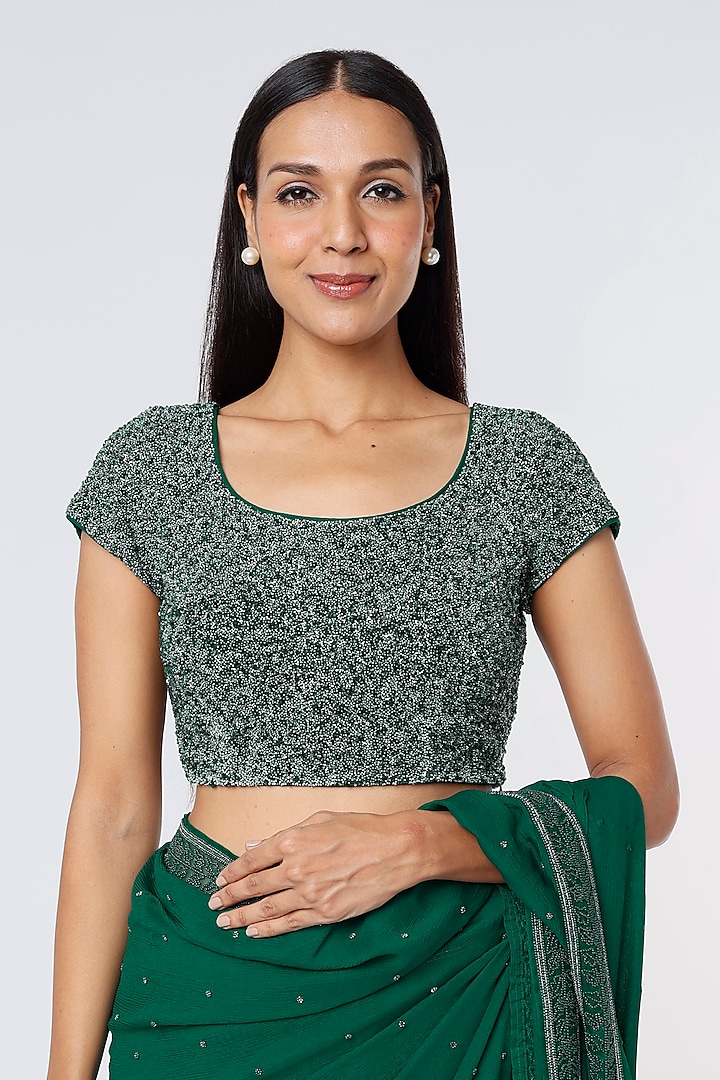 Emerald Green Embroidered Wedding Saree Set by COUTURE BY NIHARIKA at Pernia's Pop Up Shop