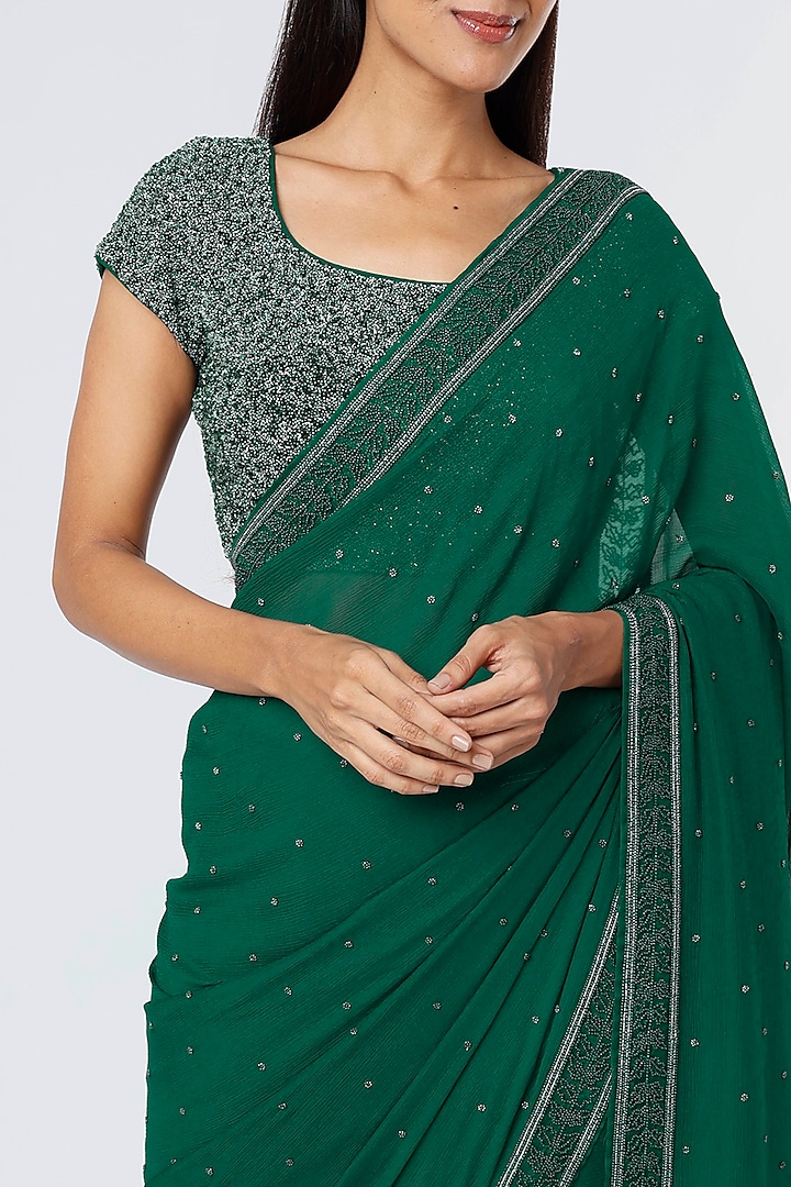 Emerald Green Embroidered Wedding Saree Set by COUTURE BY NIHARIKA at Pernia's Pop Up Shop