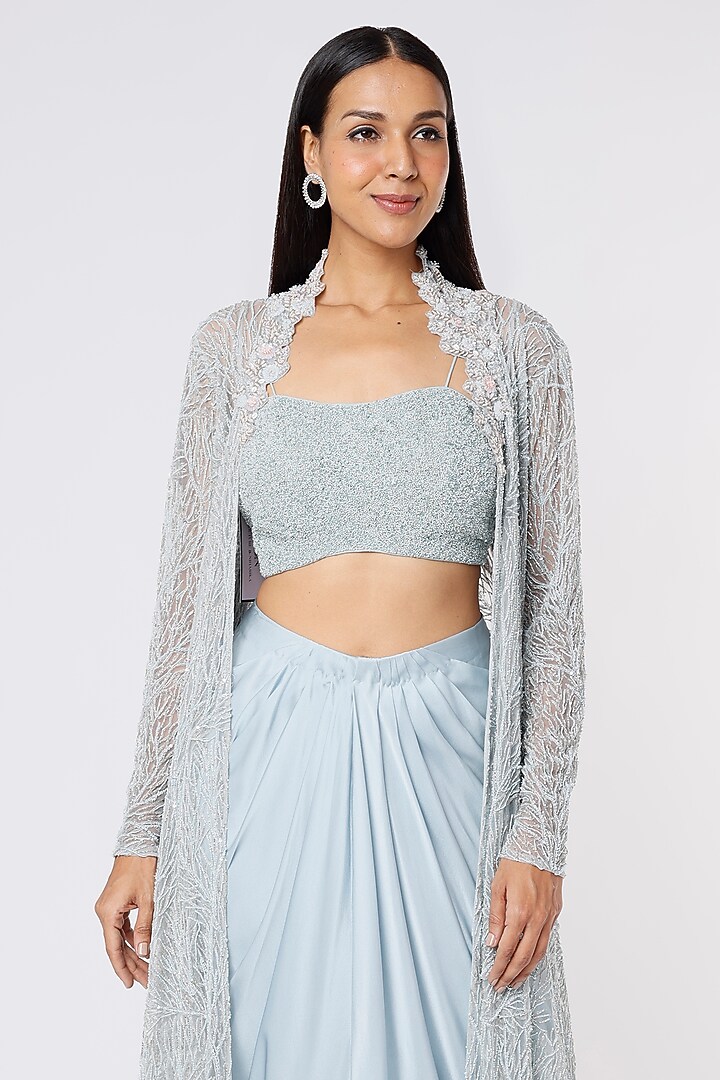 Powder Blue Net Jacket Set by COUTURE BY NIHARIKA at Pernia's Pop Up Shop
