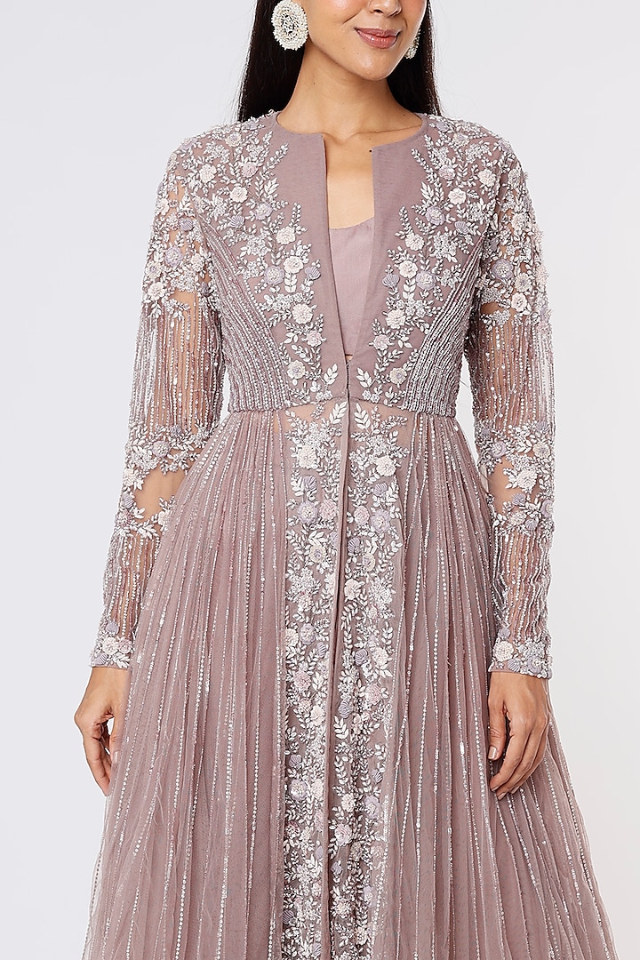 Dusty Purple Net Hand Embroidered Jacket Set by COUTURE BY NIHARIKA at Pernia's Pop Up Shop