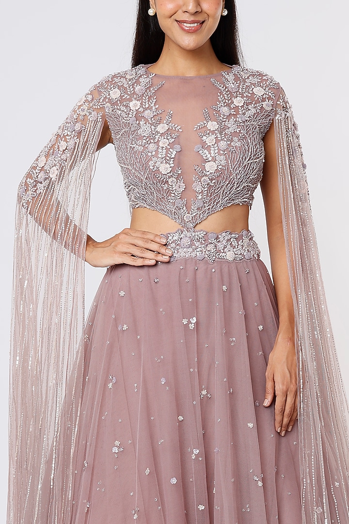 Dusty Purple Net Embroidered Wedding Lehenga Set by COUTURE BY NIHARIKA at Pernia's Pop Up Shop