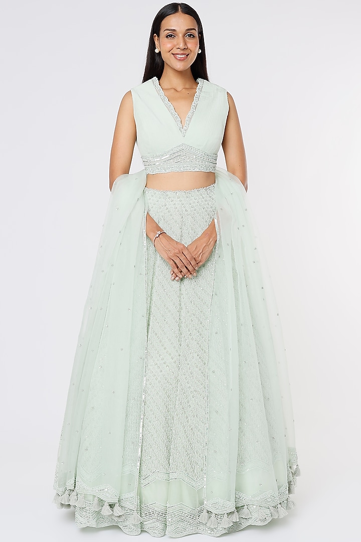 Mint Green Embroidered Lehenga Set by COUTURE BY NIHARIKA