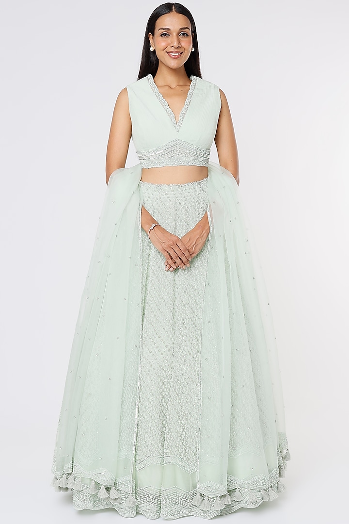 Mint Green Embroidered Bridal Lehenga Set by COUTURE BY NIHARIKA at Pernia's Pop Up Shop