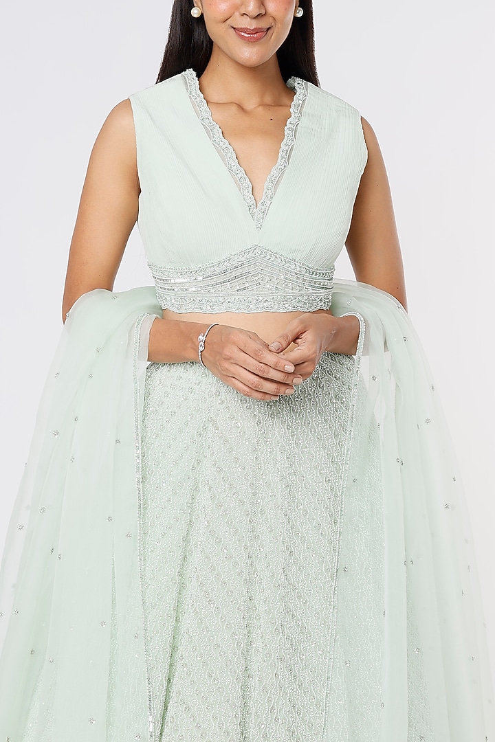 Mint Green Embroidered Bridal Lehenga Set by COUTURE BY NIHARIKA at Pernia's Pop Up Shop