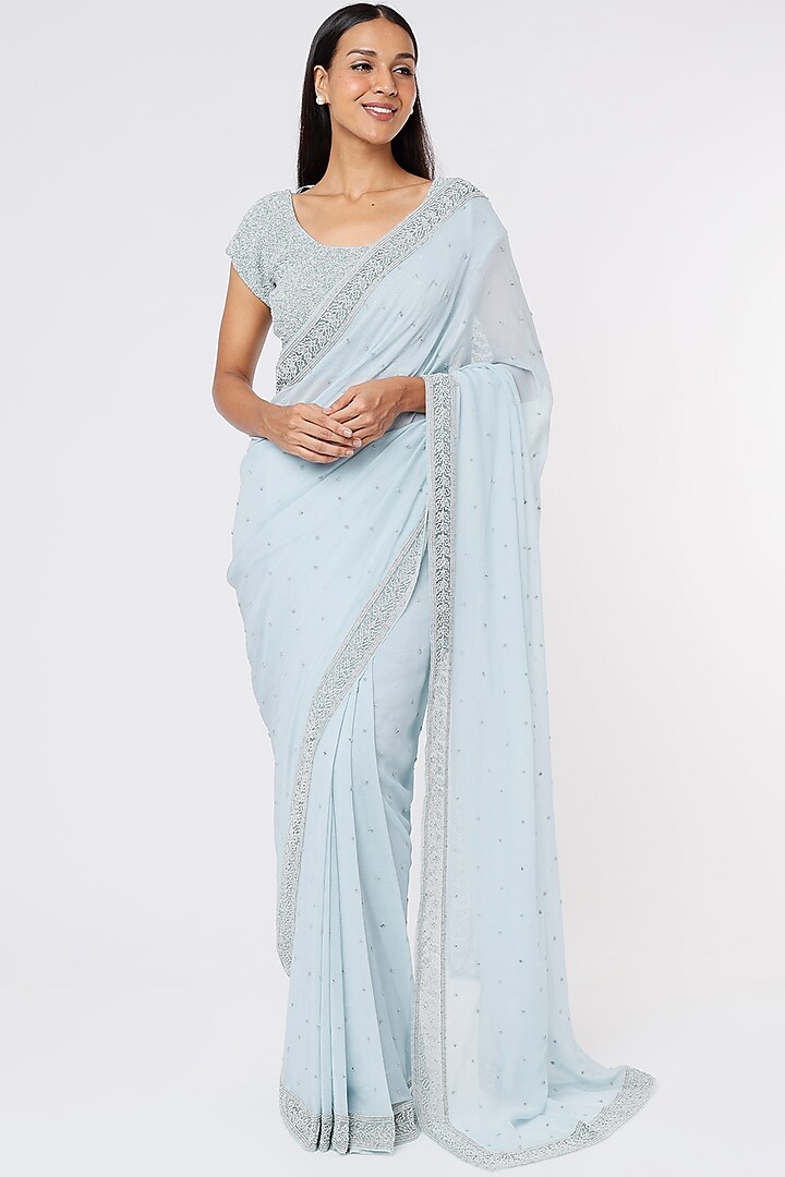 Powder Blue Chiffon Embroidered Saree Set by COUTURE BY NIHARIKA