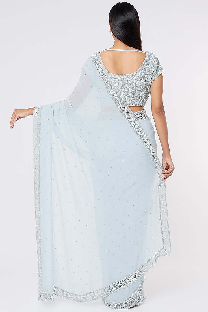 Powder Blue Chiffon Embroidered Wedding Saree Set by COUTURE BY NIHARIKA at Pernia's Pop Up Shop