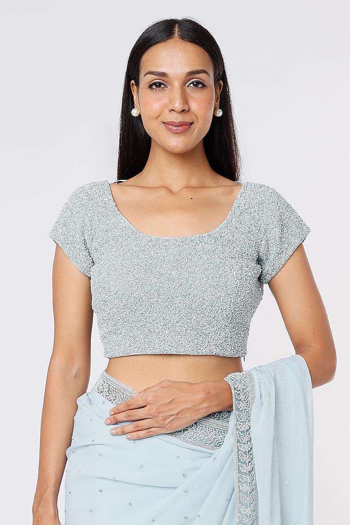 Powder Blue Chiffon Embroidered Wedding Saree Set by COUTURE BY NIHARIKA at Pernia's Pop Up Shop