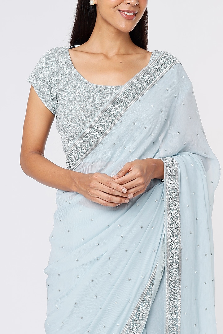 Powder Blue Chiffon Embroidered Wedding Saree Set by COUTURE BY NIHARIKA at Pernia's Pop Up Shop
