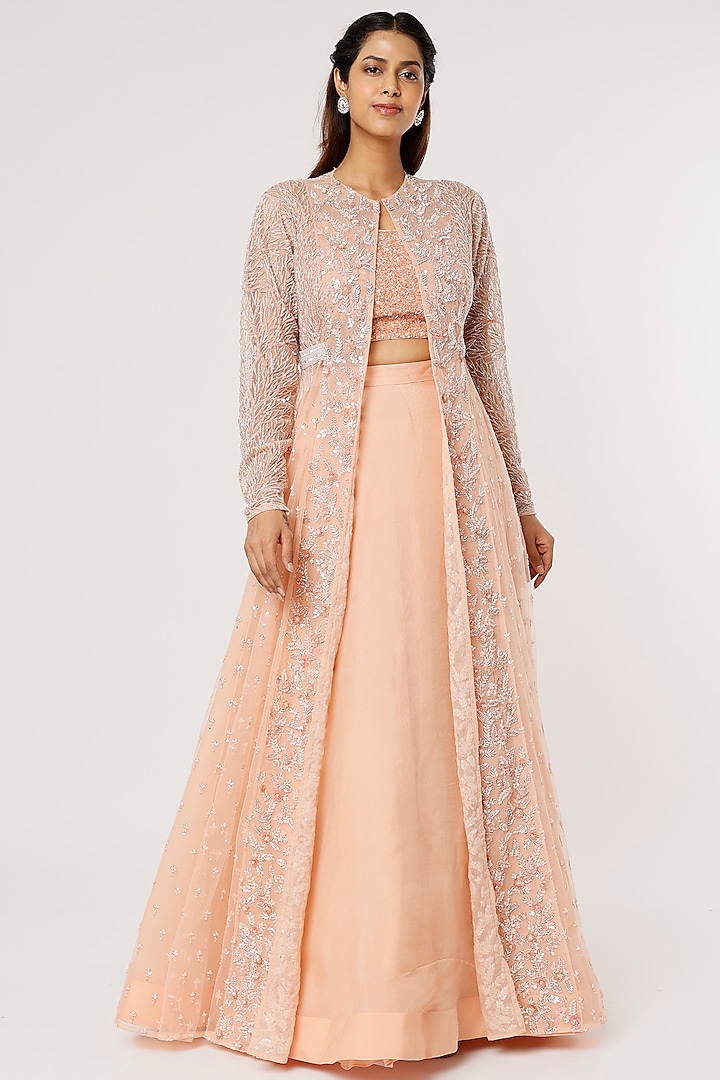 Peach Embroidered Jacket Set by COUTURE BY NIHARIKA