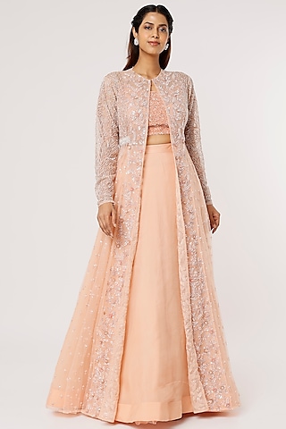Peach Embroidered Jacket Set by COUTURE BY NIHARIKA