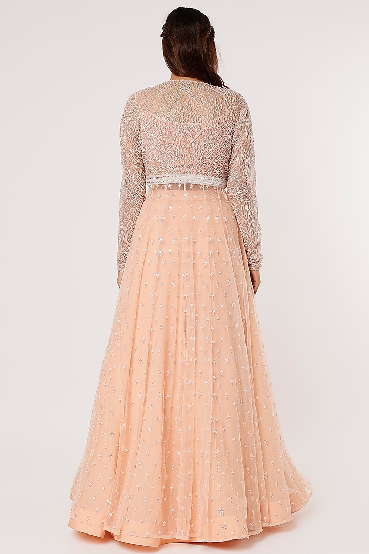 Peach Embroidered Jacket Set by COUTURE BY NIHARIKA at Pernia's Pop Up Shop
