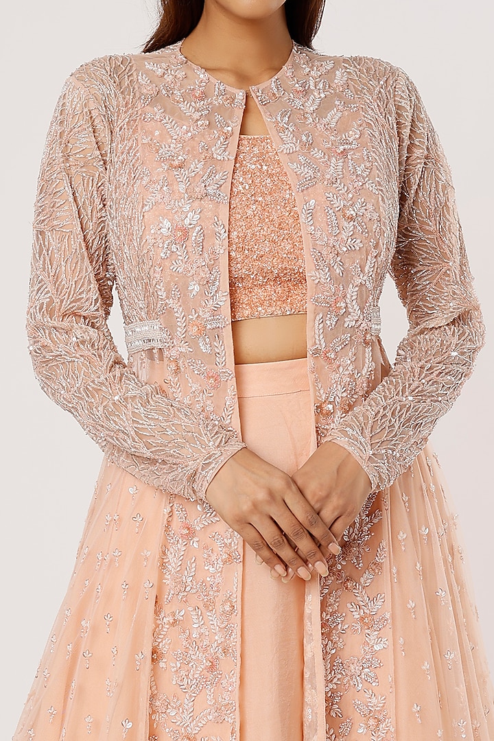 Peach Embroidered Jacket Set by COUTURE BY NIHARIKA at Pernia's Pop Up Shop