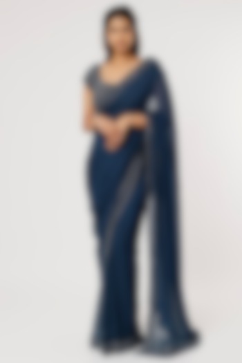 Cobalt Blue Embroidered Saree Set by COUTURE BY NIHARIKA