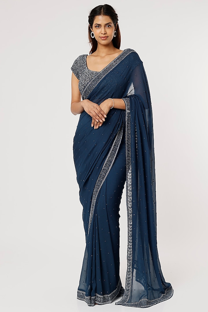 Cobalt Blue Embroidered Saree Set by COUTURE BY NIHARIKA at Pernia's Pop Up Shop