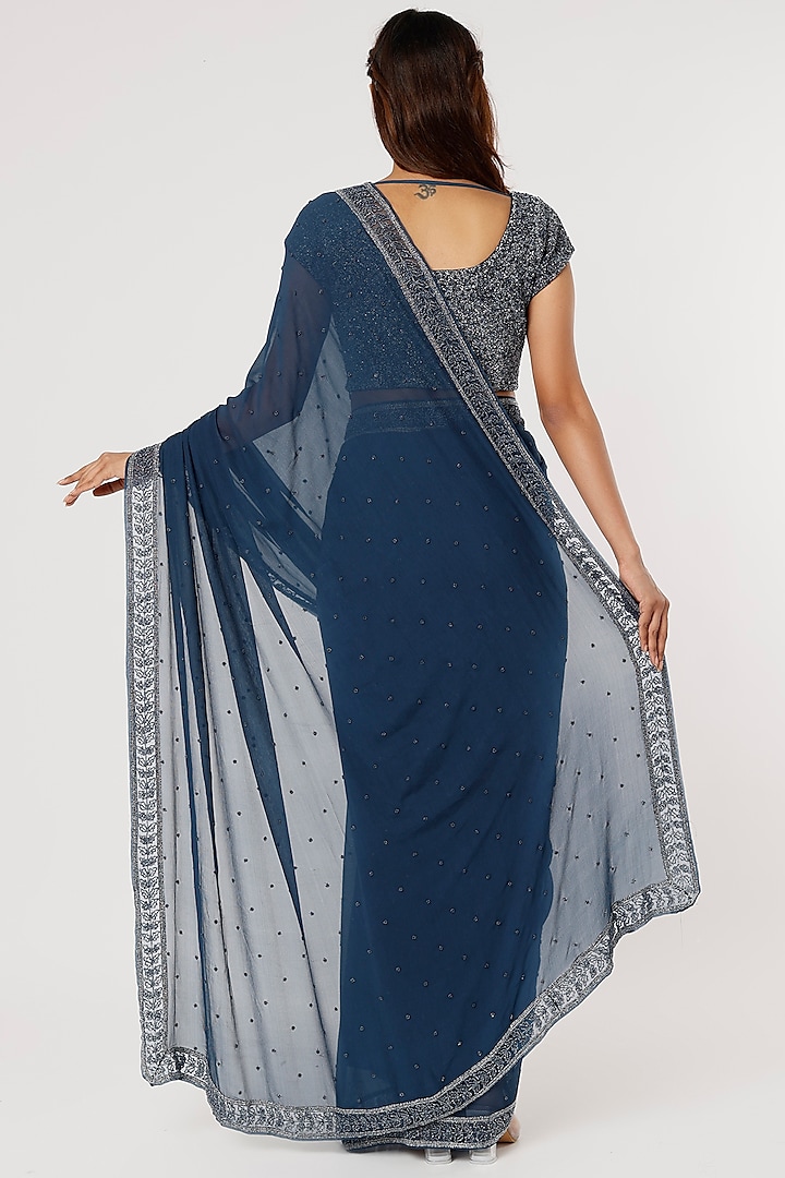 Cobalt Blue Embroidered Wedding Saree Set by COUTURE BY NIHARIKA at Pernia's Pop Up Shop