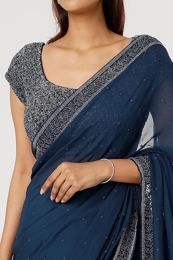 Cobalt Blue Embroidered Wedding Saree Set by COUTURE BY NIHARIKA at Pernia's Pop Up Shop