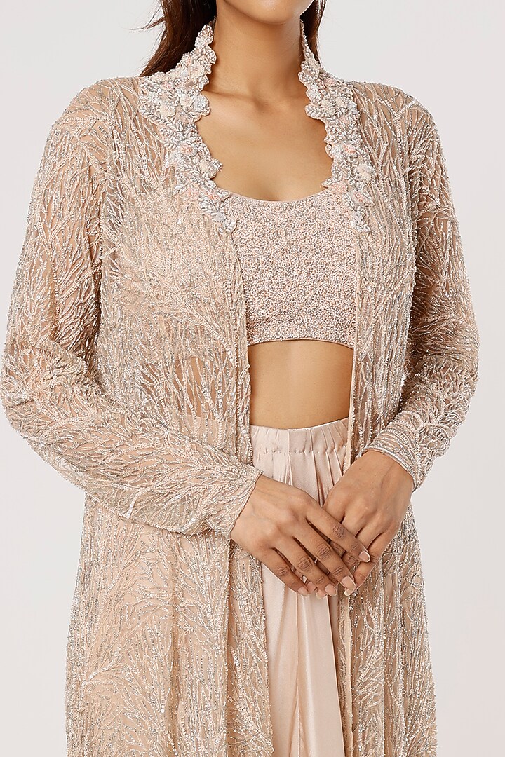 Peach Hand Embroidered Jacket Set by COUTURE BY NIHARIKA at Pernia's Pop Up Shop