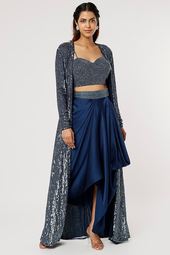 Cobalt Blue Embroidered Jacket Set by COUTURE BY NIHARIKA