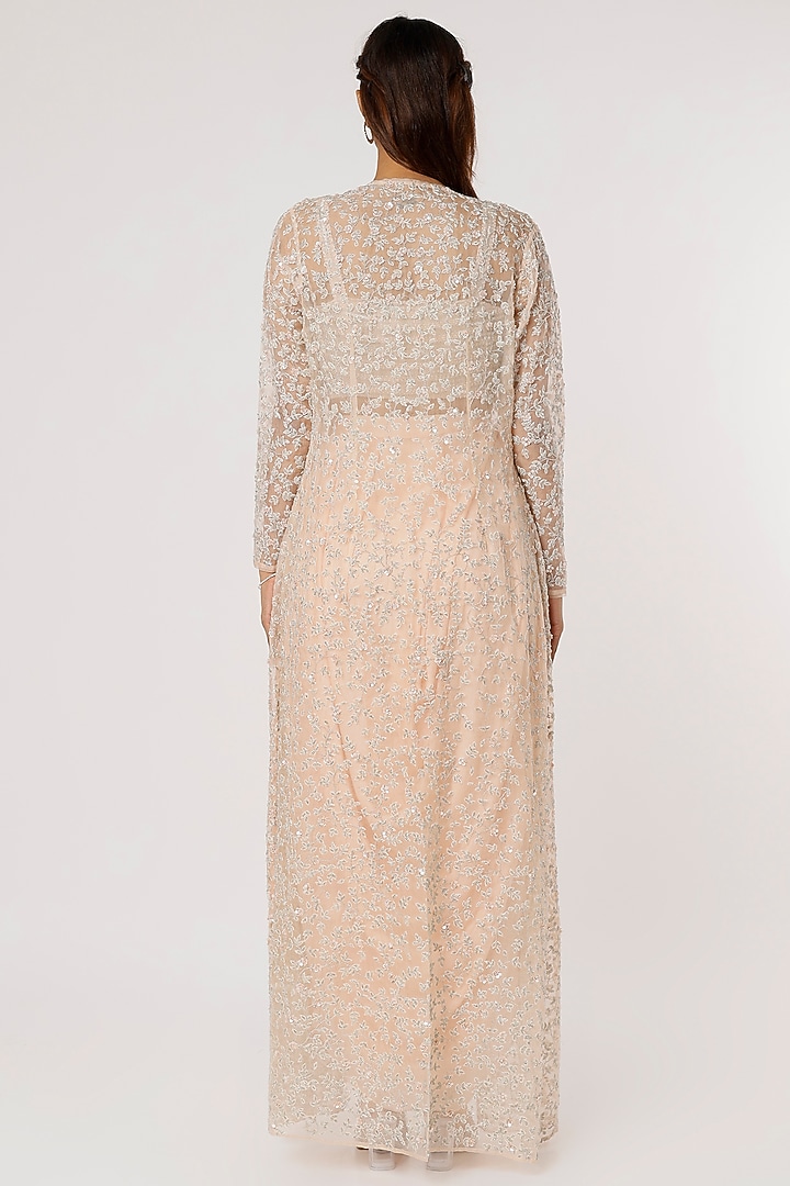 Peach Jaal Embroidered Jacket Set by COUTURE BY NIHARIKA at Pernia's Pop Up Shop