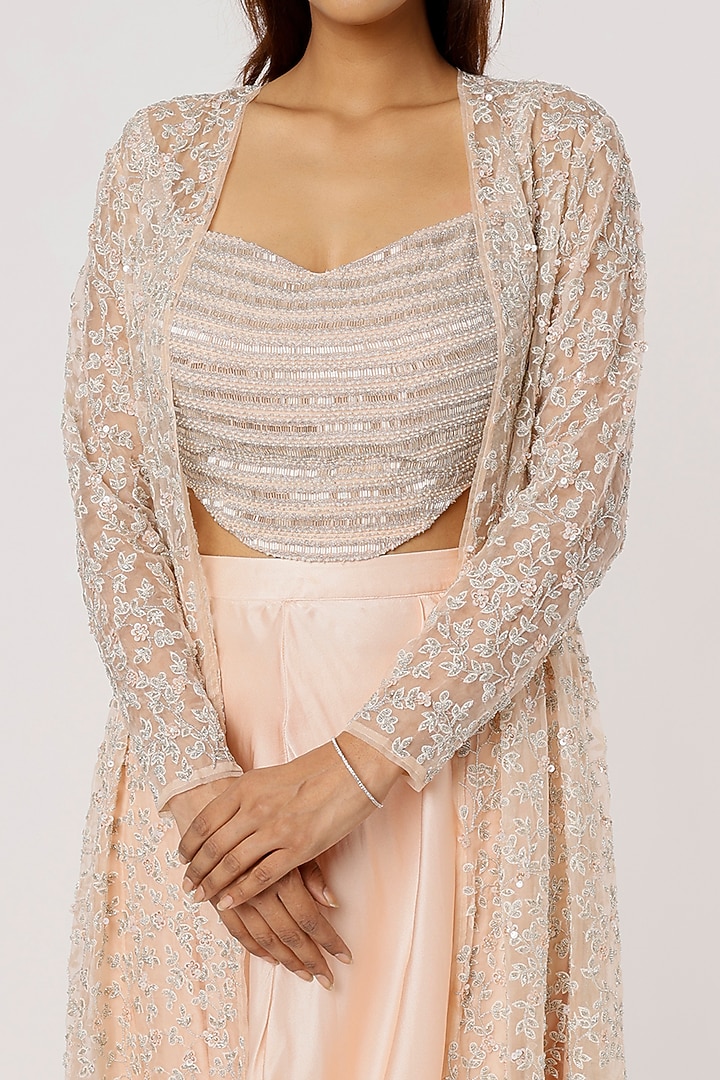 Peach Jaal Embroidered Jacket Set by COUTURE BY NIHARIKA at Pernia's Pop Up Shop