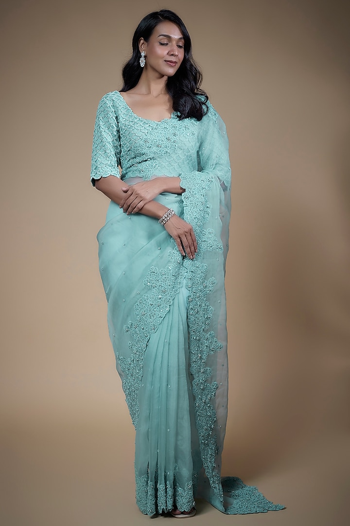 Powder Blue Net Embroidered Saree Set by COUTURE BY NIHARIKA at Pernia's Pop Up Shop