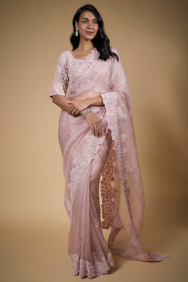 Lilac Pink Net Embroidered Saree Set by COUTURE BY NIHARIKA
