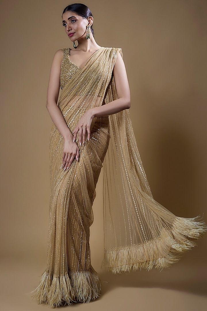 Gold Organza Cutdana Embroidered Saree Set by COUTURE BY NIHARIKA