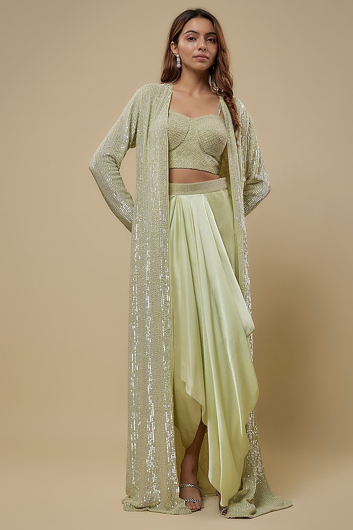 Mint Pure Satin Draped Skirt Set by COUTURE BY NIHARIKA at Pernia's Pop Up Shop