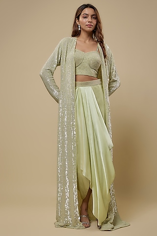 Mint Pure Satin Draped Skirt Set by COUTURE BY NIHARIKA