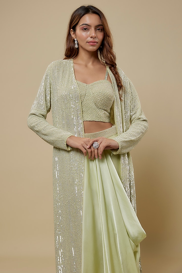 Mint Pure Satin Draped Skirt Set by COUTURE BY NIHARIKA at Pernia's Pop Up Shop