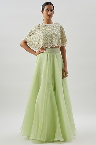 Mint Organza Embroidered Cape Set by COUTURE BY NIHARIKA