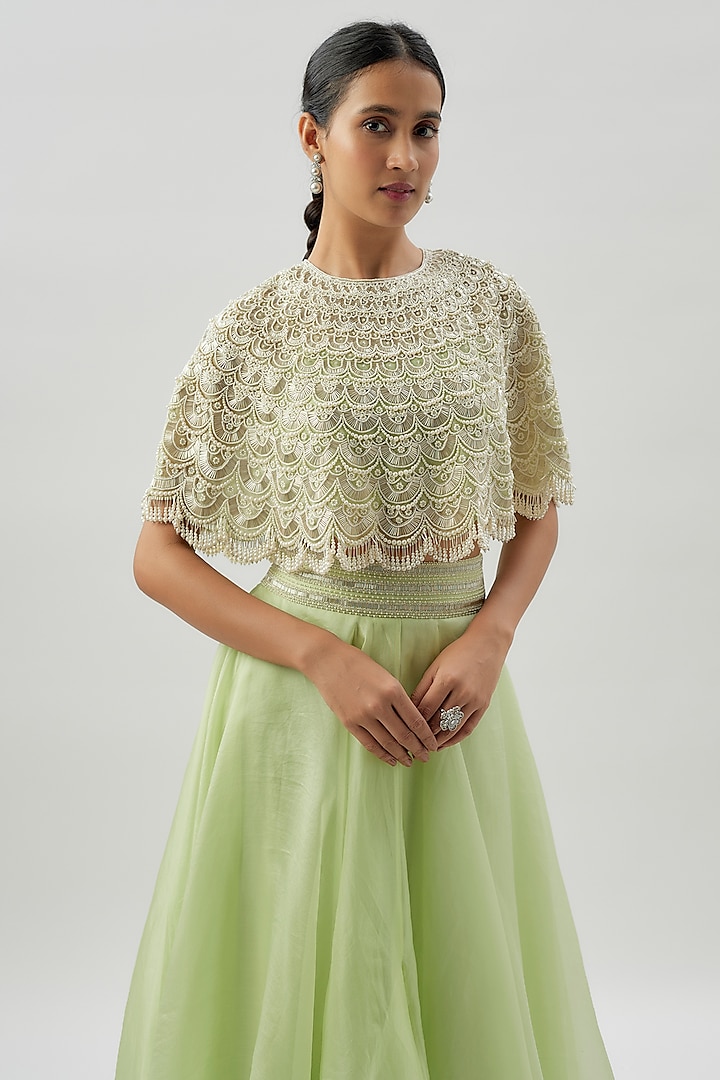 Mint Organza Embroidered Cape Set by COUTURE BY NIHARIKA at Pernia's Pop Up Shop