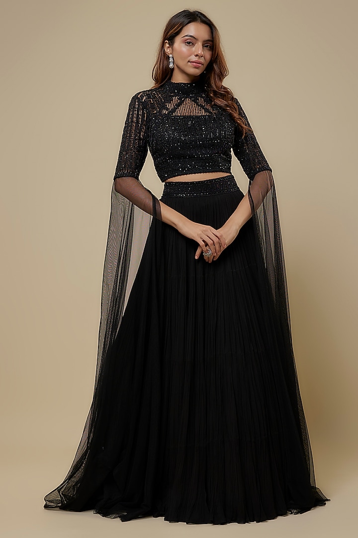 Black Net & Viscose Wedding Lehenga Set by COUTURE BY NIHARIKA at Pernia's Pop Up Shop