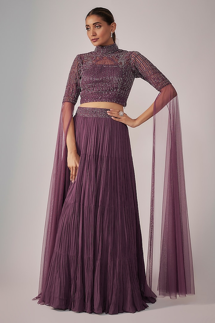 Dusty Purple Net & Viscose Wedding Lehenga Set by COUTURE BY NIHARIKA at Pernia's Pop Up Shop