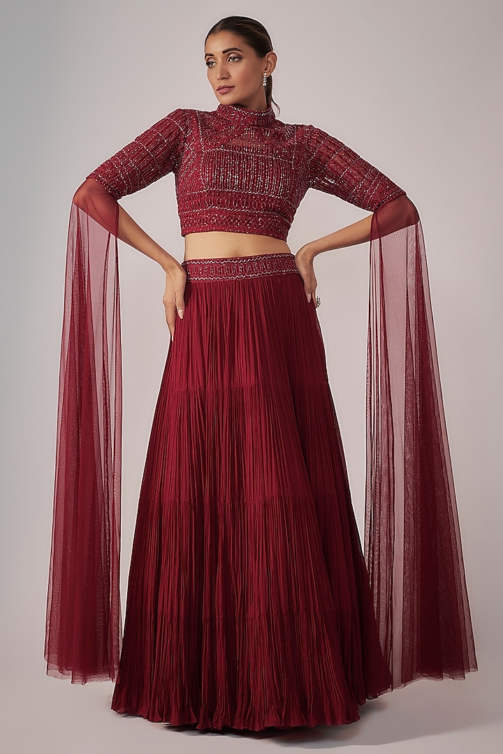 Red Net & Viscose Lehenga Set by COUTURE BY NIHARIKA