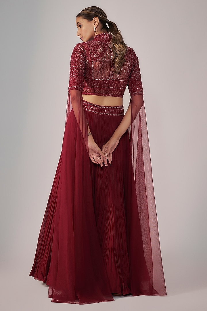 Red Net & Viscose Wedding Lehenga Set by COUTURE BY NIHARIKA at Pernia's Pop Up Shop