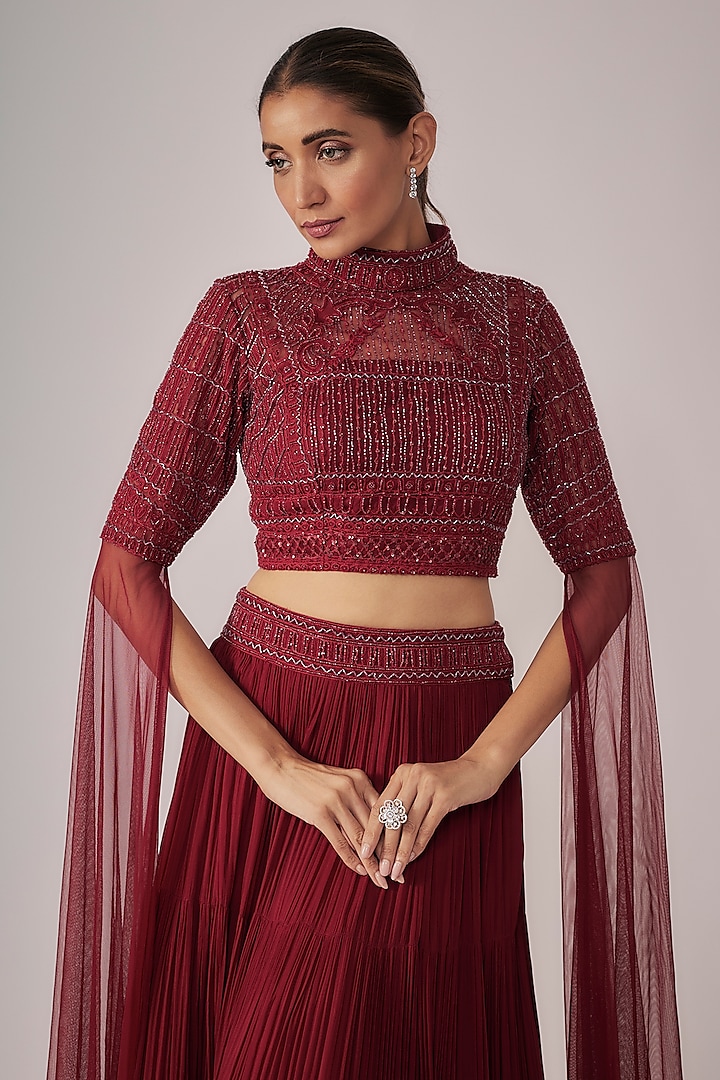 Red Net & Viscose Wedding Lehenga Set by COUTURE BY NIHARIKA at Pernia's Pop Up Shop